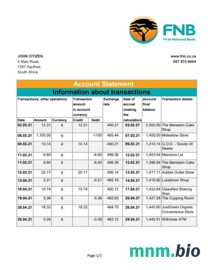 South Africa FNB Bank statement szablon Worda i PDF